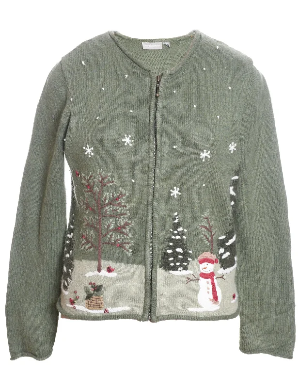 Snowman Design Light Green Appliqued Christmas Cardigan - S