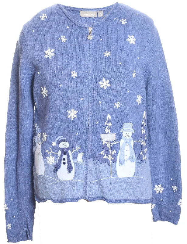 Snowman Design Lilac Knit Christmas Cardigan - S