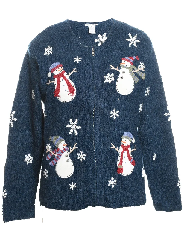 Snowman Design Navy Appliqued Christmas Cardigan - M