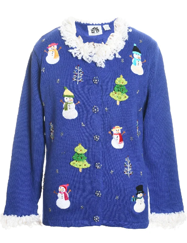 Snowman Design Purple Embroidered Christmas Cardigan - S