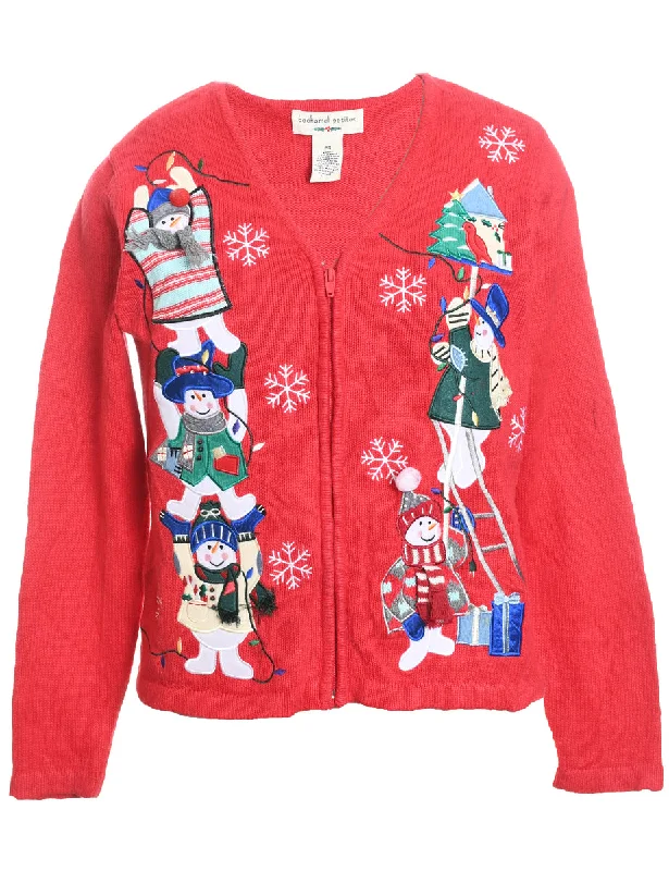 Snowman Design Red Appliqued Christmas Cardigan - S