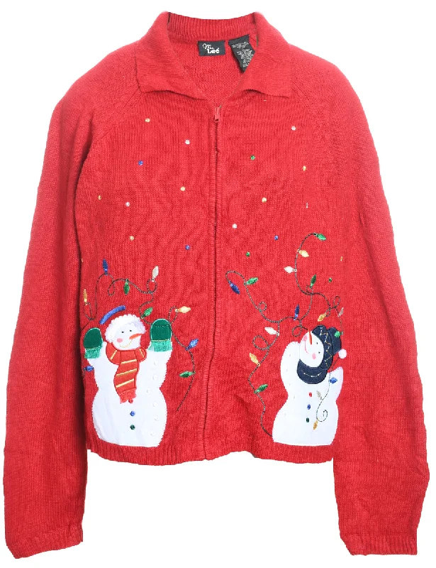 Snowman Design Red Embroidered Christmas Cardigan - L