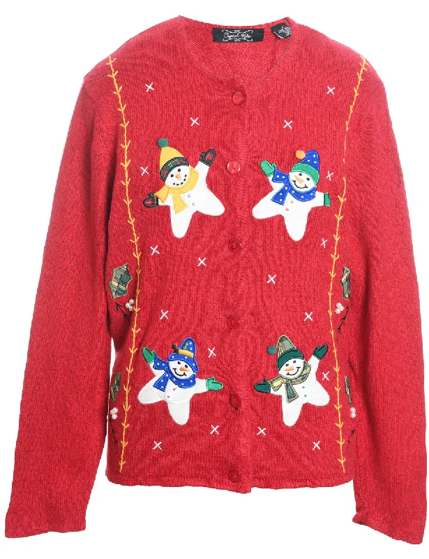 Snowman Design Red Embroidered Christmas Cardigan - XL