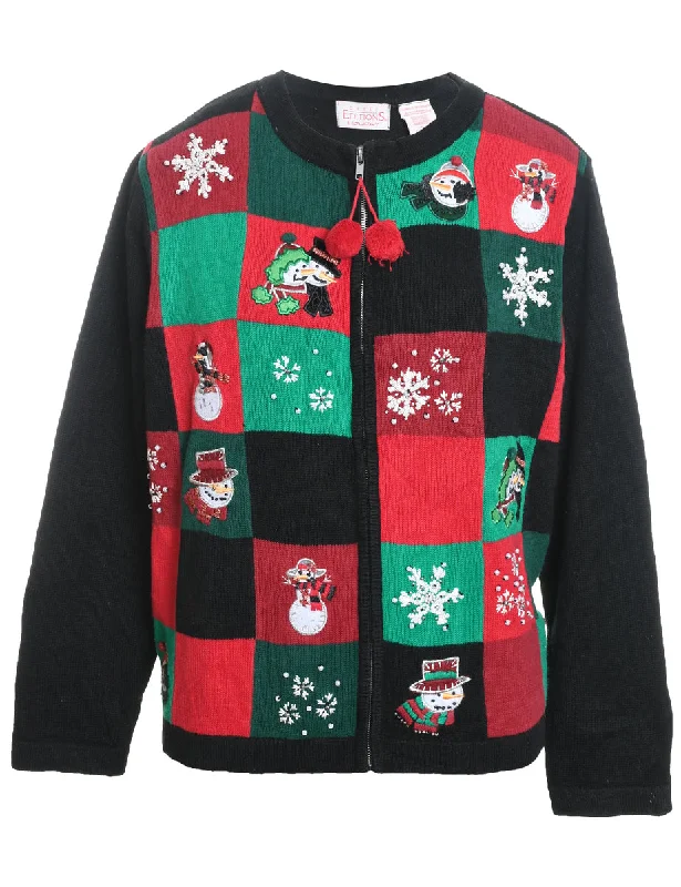 Snowman Design Red & Green Knit Christmas Cardigan - XL