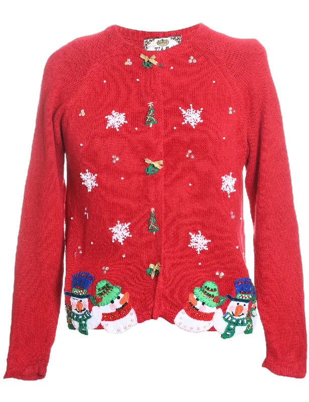 Snowman Design Red Knit Christmas Cardigan - M