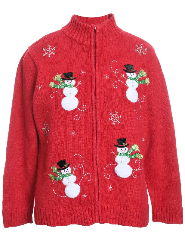 Snowman Design Zip-Front Embroidered Christmas Cardigan - L