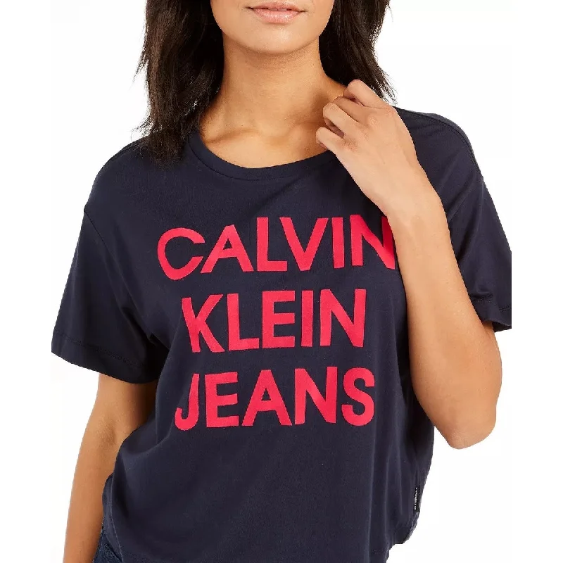 Calvin Klein Women's Jeans Cropped Logo T-Shirt Blue Size X-Large