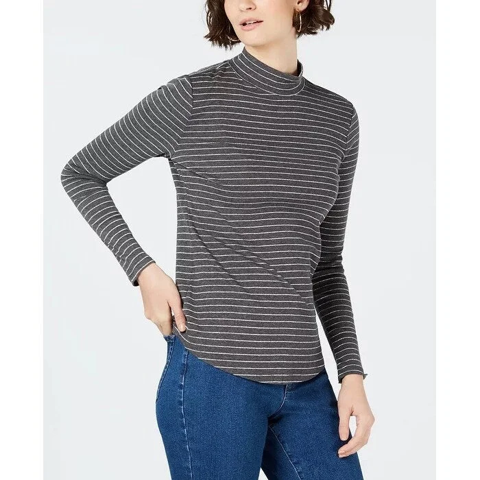 Charter Club Women's Cotton Striped Mock-Neck T-Shirt Gray Size XXL - XX-Large