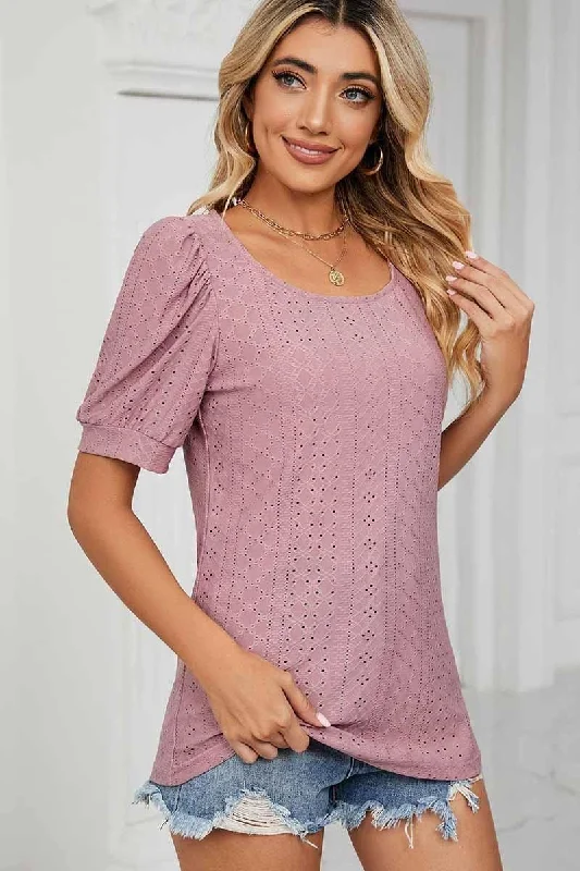 PUNCHING LACE PUFF HEM SLEEVE T-SHIRTS