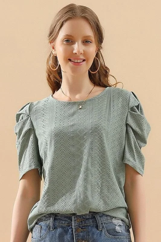 PUNCHING LACE PLEATED PUFF SLEEVE T-SHIRTS