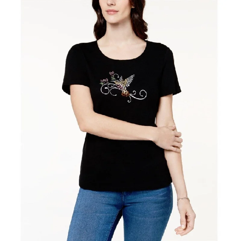 Karen Scott Women's Cotton Embroidered T-Shirt Deep Black Size Small