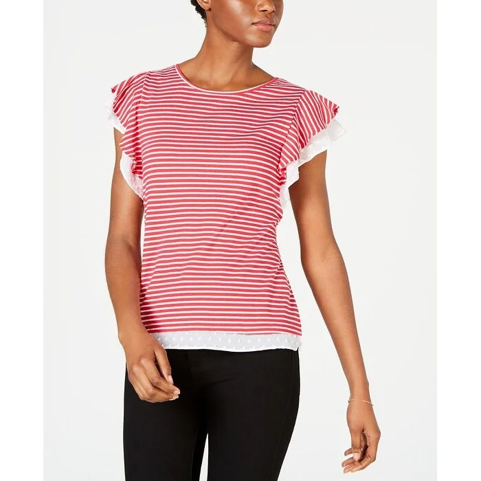 Maison Jules Women's Flutter Sleeve Striped Jewel Neck T-Shirt Top Red Size Small