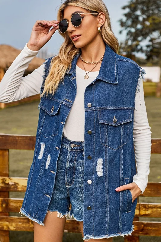 Distressed Button Front Collared Denim Vest with Pockets