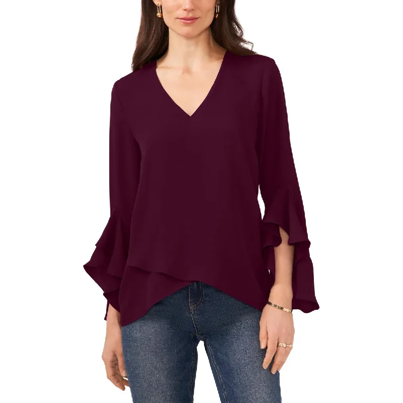 Plus Womens Flutter-Sleeve V-Neck Blouse