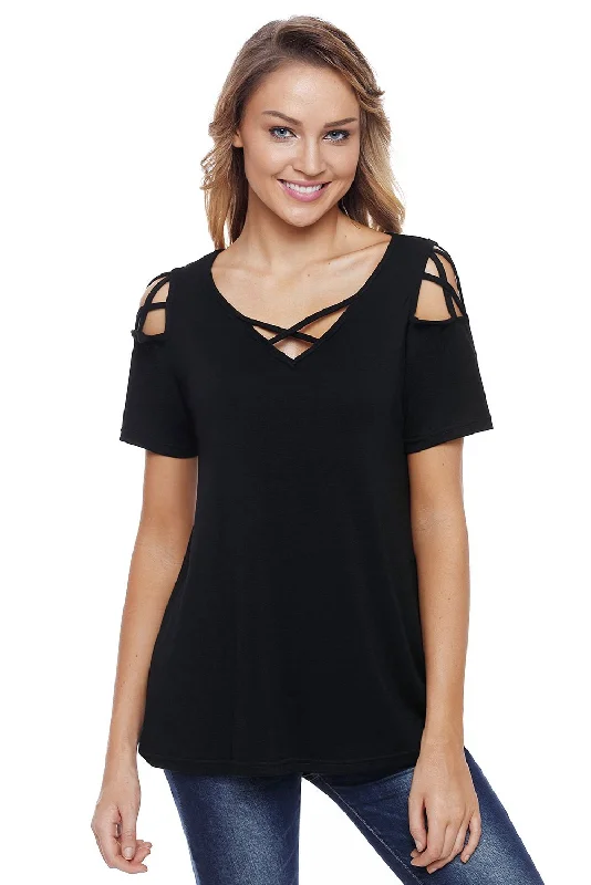 Black Crisscross Strap V-Neck Cold Shoulder Stretch Knit Top