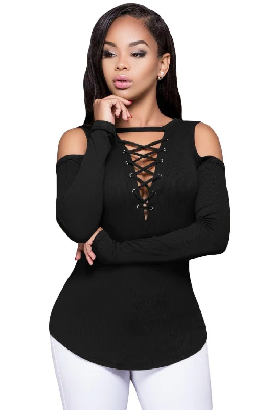 Black Crisscross V-neck Cold Shoulder Long Sleeve Ribbed Top