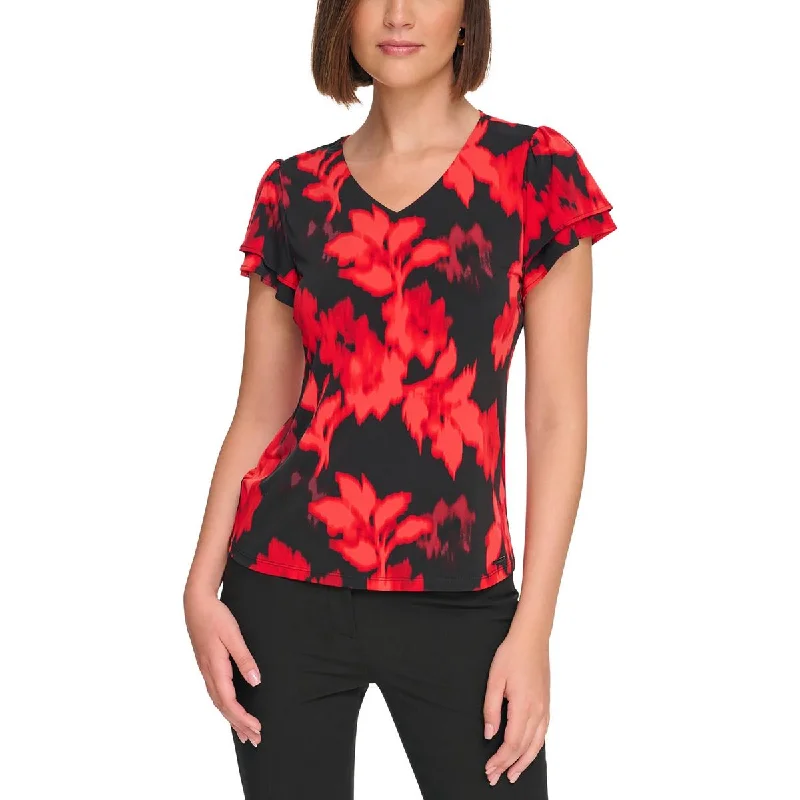 Calvin Klein Womens Petites V Neck Printed Blouse