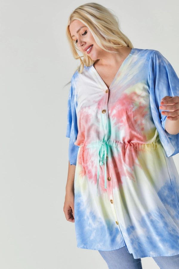 Davi And Dani Tie Dye V Neck Button Down Cover Up Top Plus