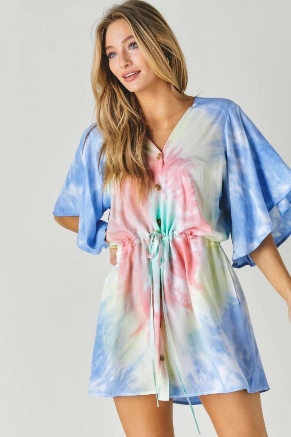 Davi And Dani Tie Dye V Neck Button Down Cover Up Top