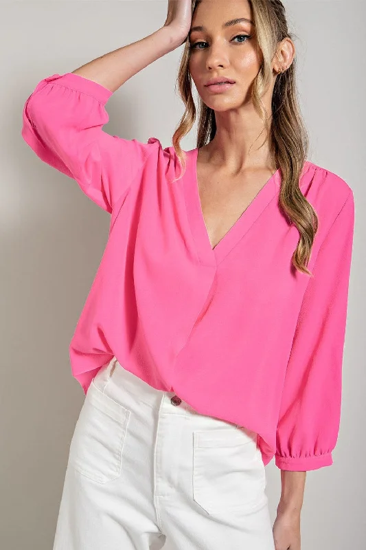 ee:some Long Sleeve V Neck Blouse In Hot Pink