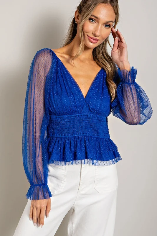 eeSome Royal Blue V Neck Mesh Dot Sleeve Blouse