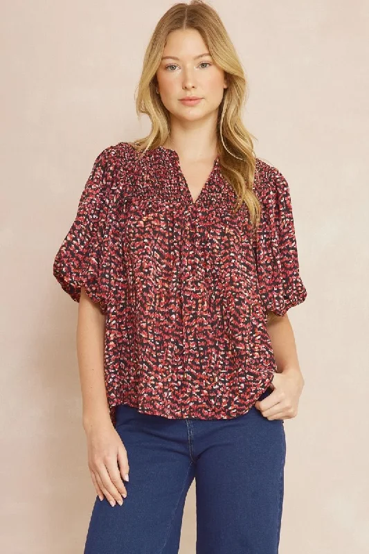 Entro Black Printed V-Neck Half Sleeve Top Featuring Self Tie At Front