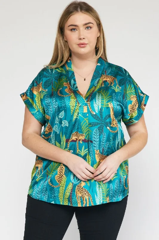 Entro Green Satin Tropical Cheetah Print V-Neck Top Featuring Permanent Rolled Cuffs In Plus