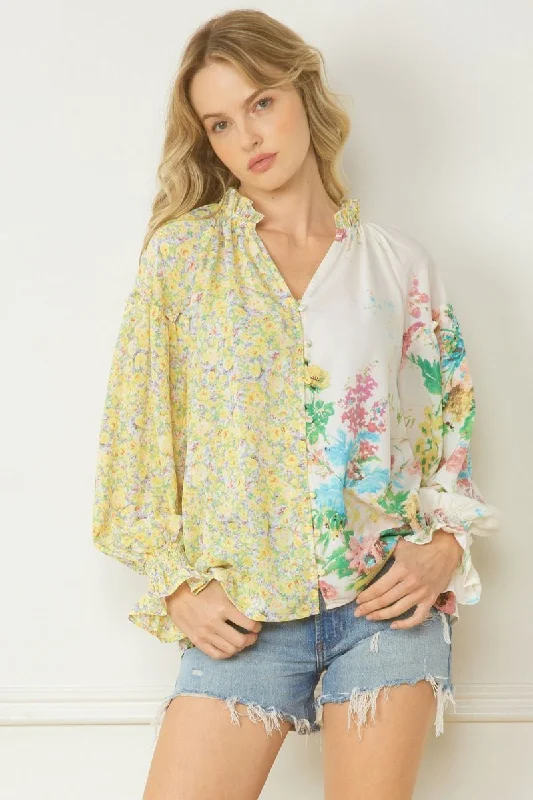 Entro Lemon And Green Floral Contrast Print V-Neck Blouse