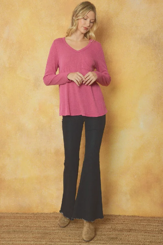 Entro Ribbed V Neck Long Sleeve Top With Front Pocket In Magenta