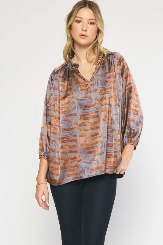 Entro Toffee Swirl Printed V-Neck Top With Ruffle Detail Plus