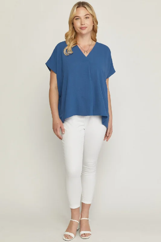 Entro V Neck Blouse With Placket Detail In A Denim Color Plus