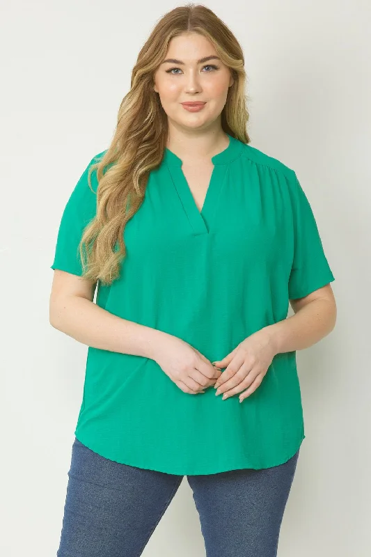 Entro V Neck Blouse With Placket Detail In Kelly Green Plus