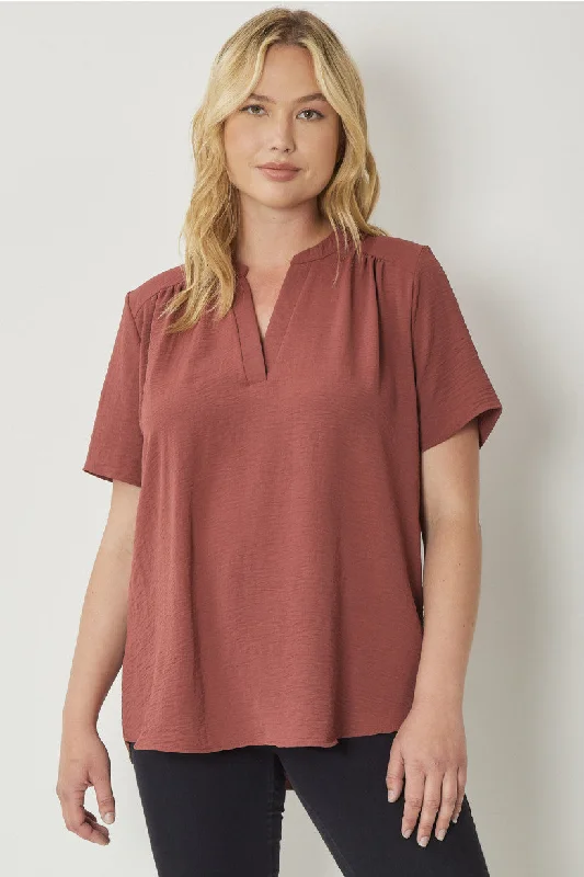 Entro V Neck Blouse With Placket Detail In Red Brown Plus