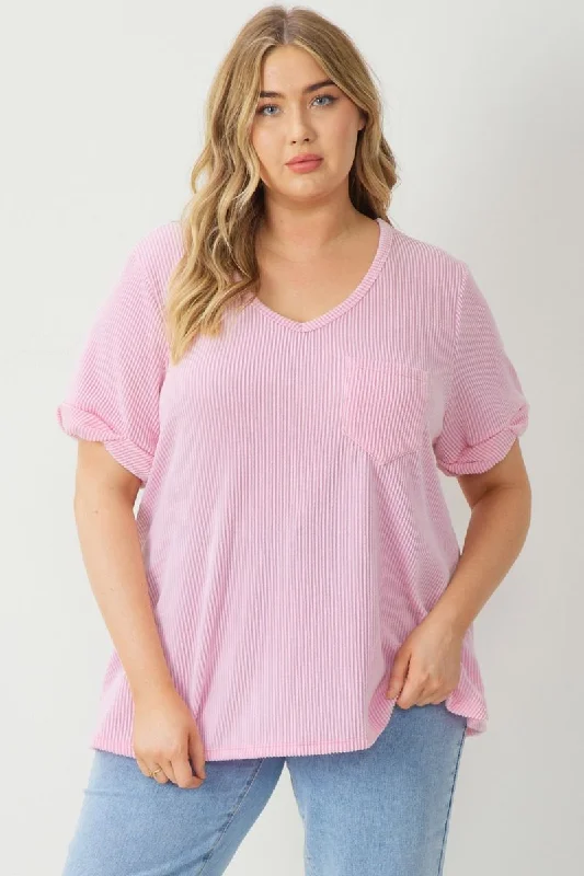 Entro V Neck Relaxed Fit Knit Top With Rolled Cuffs in Pink Plus