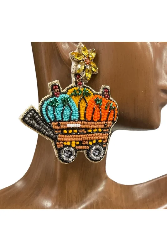 Fall Harvest Pumpkin Cart Beaded Earrings With Rhinestones