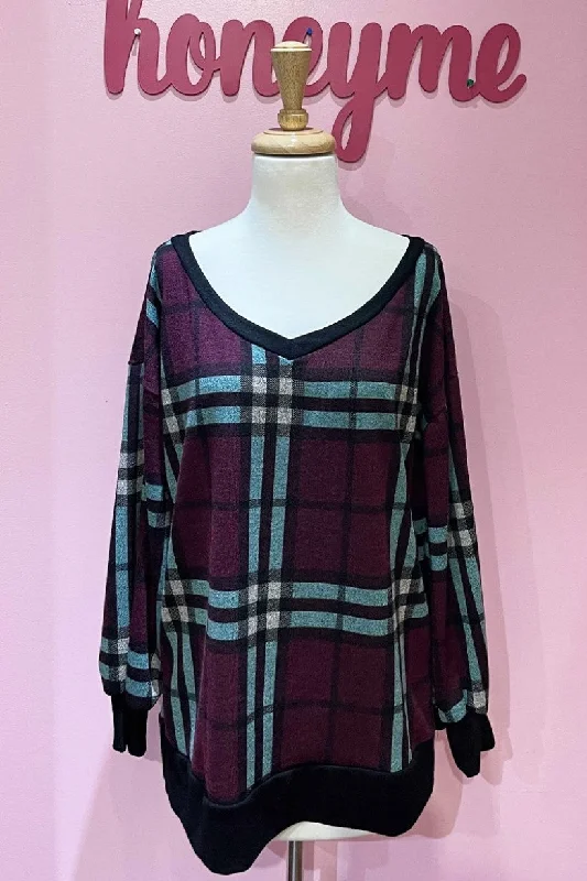 honeyme V Neck Plaid Sweater In Burgundy And Mint