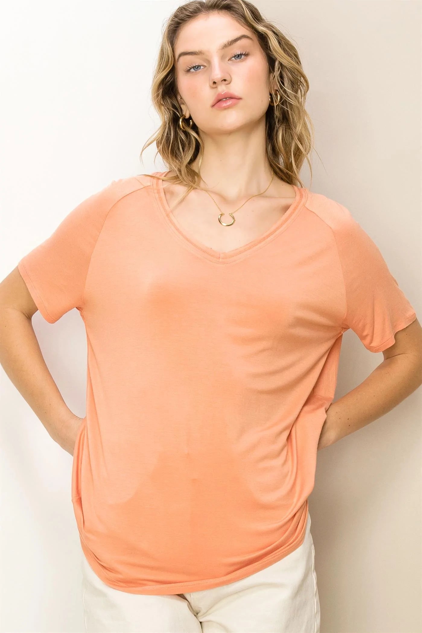 Hyfve Double Zero Always Late Oversized V-Neck Tee In Creamy Peach