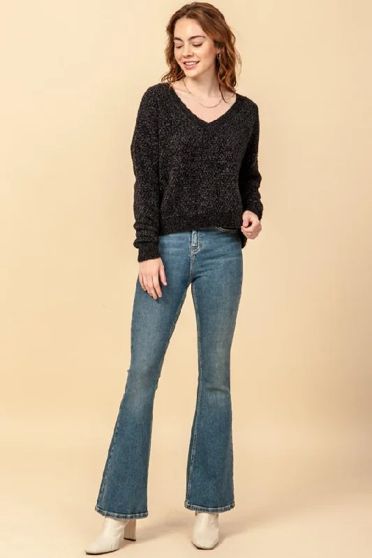 Hyfve Fuzzy Chenille V Neck Sweaters In Black Or Cobalt