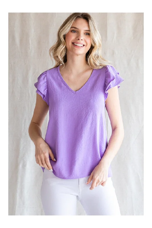 Jodifl Lilac Top With A V-Neckline And Ruffle Cap Sleeves