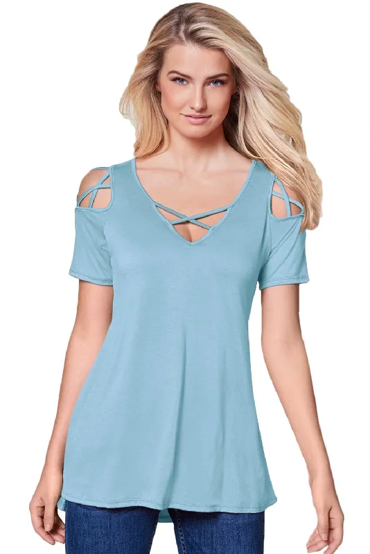 Light Blue Crisscross Strap V-Neck Cold Shoulder Stretch Knit Top