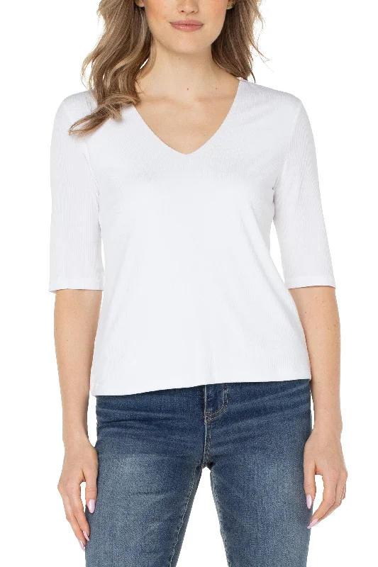 Liverpool Double Layer V Neck Half Sleeve Rib Knit Top In Cream