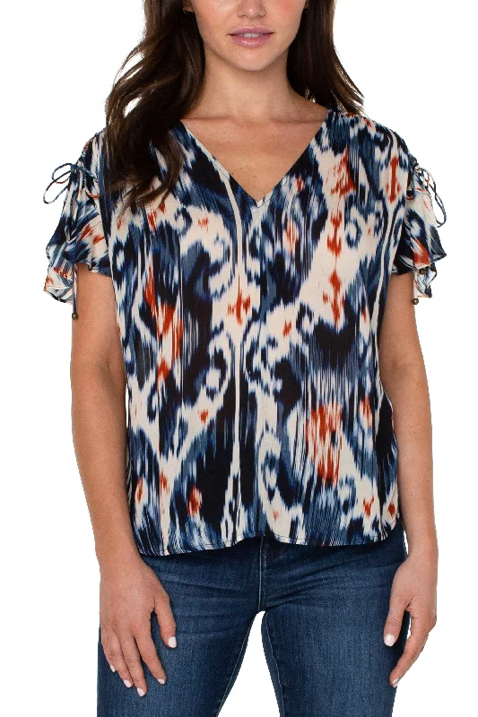 Liverpool Shirred V-Neck Dolman Top With Tie Details In Ikat Print