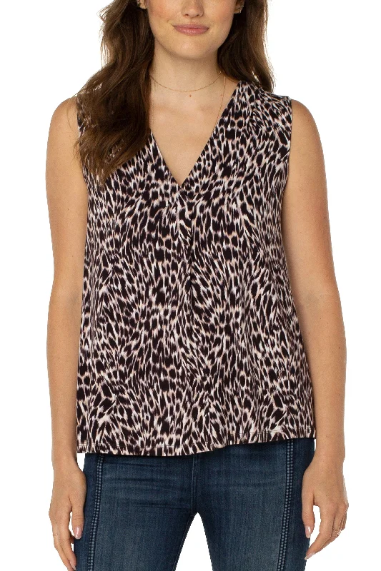 Liverpool Sleeveless V-Neck Top With Tucks In Animal Print