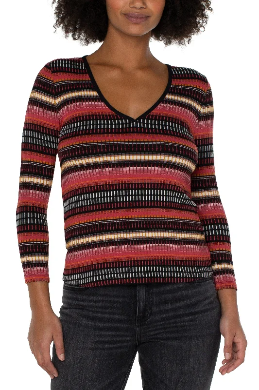 Liverpool Three Fourth Sleeve V Neck Knit Top With Contrast In Multi Cr Abs Str