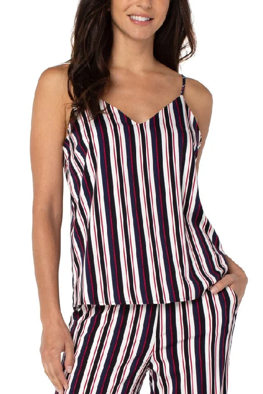 Liverpool V Neck Woven Camisole In Navy And Red Lollipop Bold Stripe