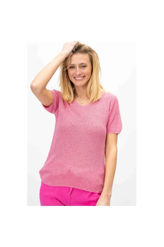 Look Mode Shimmer V-Neck Sweater In Fuchsia