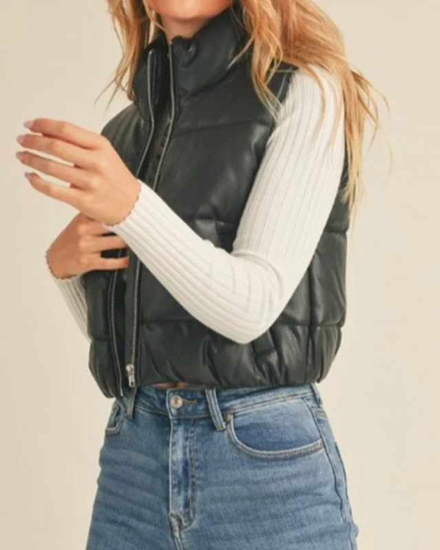 Paige Faux Leather Puffer Vest in Black