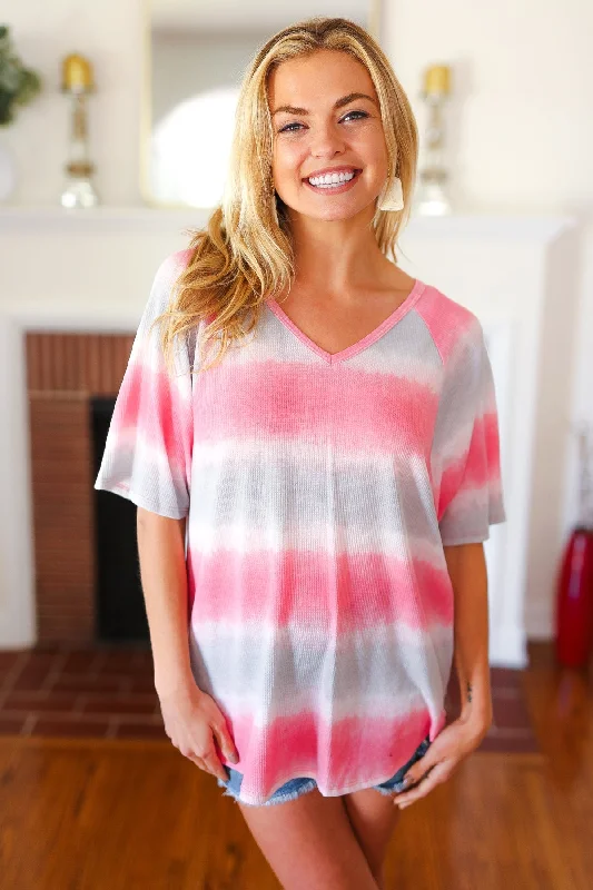 Pink & Grey Tie Dye Stripe Terry V Neck Top -SALE-