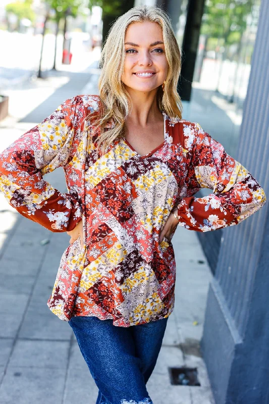 Rust Harvest Floral Patchwork V Neck Blouse