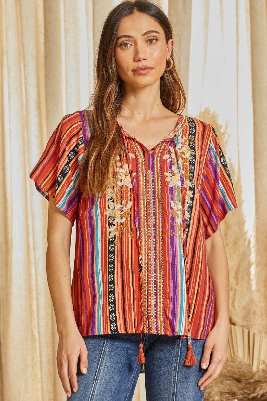 Savanna Jane Multi Colored Stripe Embroidered V-Neckline Tassel Tie Top